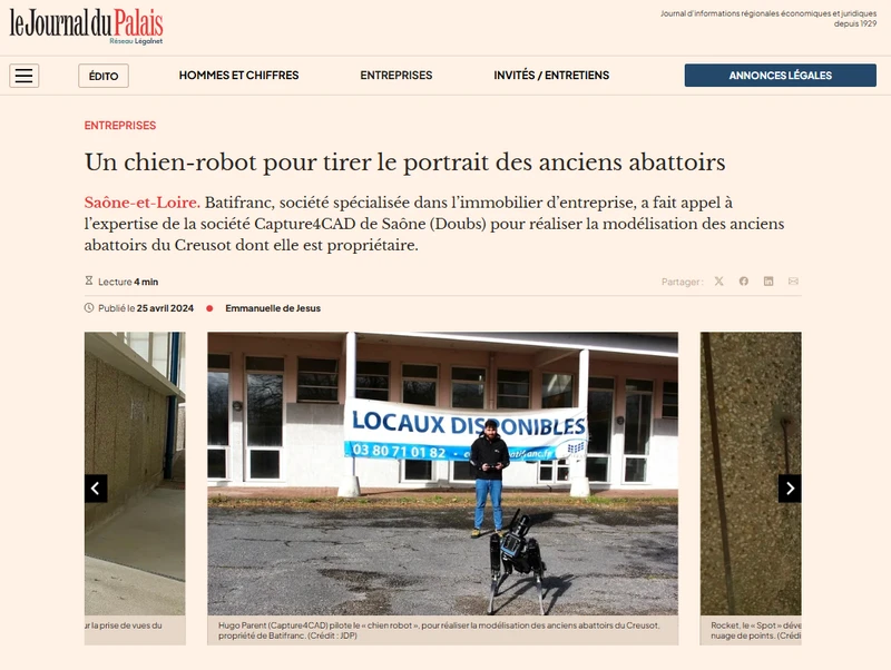 Article du Journal du Palais du 24 Avril 2024 : Mise en lumière du chien robot utilisé par Batifranc pour modéliser les anciens abattoirs