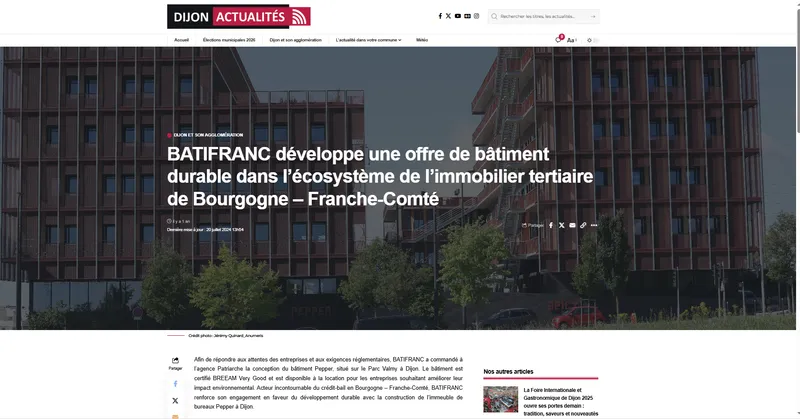 Article Dijon Actualités du 20 juillet 2024 : Batifranc développe une offre de bâtiment durable pour le tertiaire en BFC